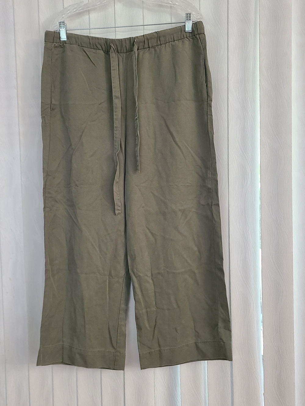 Marine Layer Sz L Olive Green Tencel Drawstring Pull On Wide Leg Cropped Pant